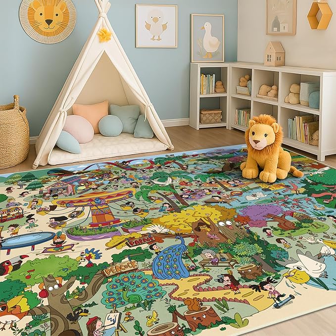 Colorful Jungle Adventure Kids Rug 5x7 – Fun Cartoon Play Mat with Animals, Amusement Park, and Nature Scene – Ideal for Bedrooms, Toddlers, or Small Play Areas