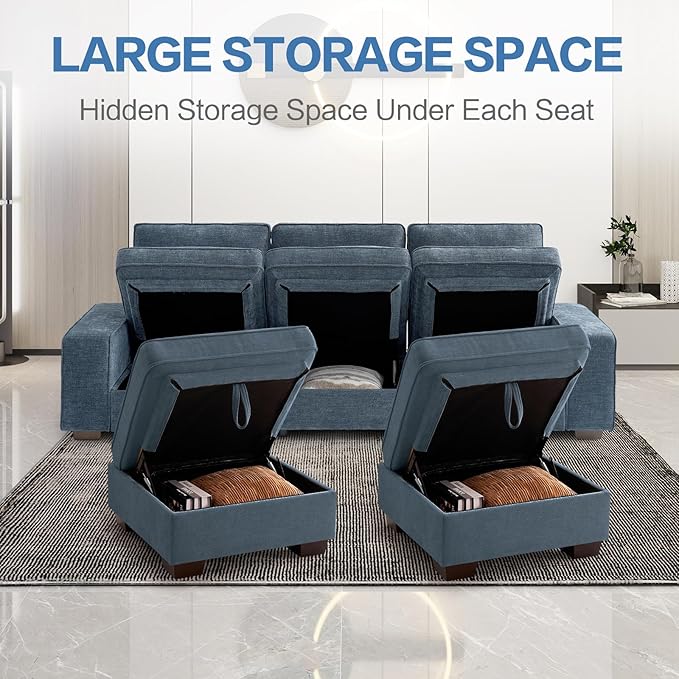 TEKAMON 100" Modular Sectional Sofa with Seats Storage, L Shaped Couch with Movable Ottoman, Chenille Fabric Couch for Living Room, Office, Apart W/Deep Seat, USB Charging,Removable Cover (Blue)
