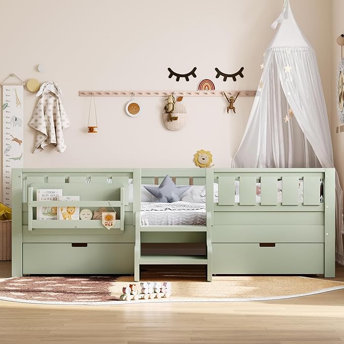 Bellemave Full Size Bed with Slats and Stairs, Full Size Platform Bed Frame with Fence, Bookshelf and Storage Drawers, Easy Assemble Beds for Kids, Girls, Boys, Green