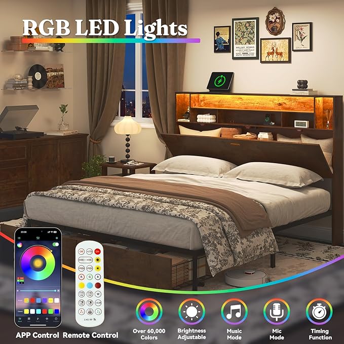 Queen Bed Frame with Large Headboard Storage, Bed Frames with 2 Under Bed Drawers, Built-in LED Lights Charging Station, Easy Assembly, Brown