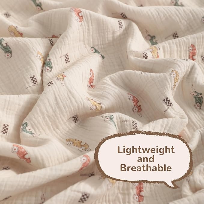NTBAY 2 Layer Muslin Cotton Baby Swaddle Blanket, 42x60 Soft and Breathable Receiving for Newborns and Infants, Perfect for Crib, Stroller, Travel, Lightweight Nursery Blanket, Retro Race Car