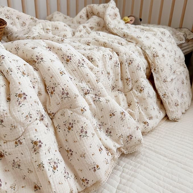 BuLuTu Muslin Toddler Quilt for Boys Girls Cute Flowers Printed Kids Quilted Comforter Cotton Muslin Toddler Bedding Nursery Quilts for Toddler Bed, Crapemyrtle Pattern, 60"x78"