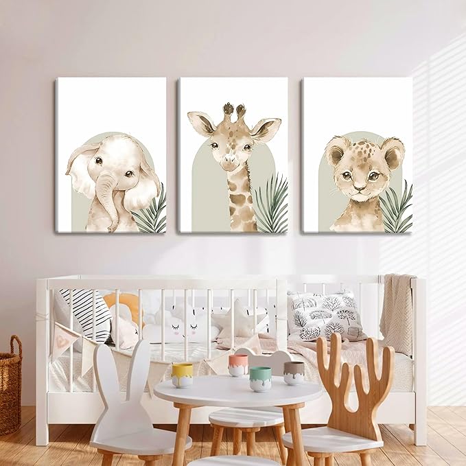 Nursery Wall Decor Set of 3, Cute Animal Lion Elephant Baby Pictures Poster Prints, Giraffe Jungle Canvas Wall Art Woodland Nursery Decor for Boys Girls Room Decoration 16x24 inch Framed