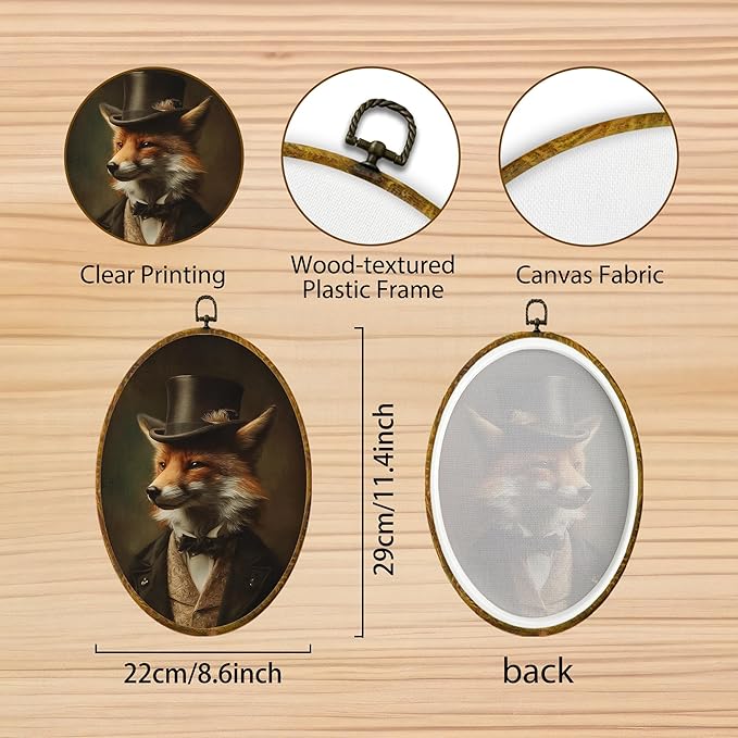 Hiuwevt Retro Fox Oval Wall Art Decor, Vintage Dark Academia Fox Framed Canvas Prints, Retro Renaissance Animal Oval Wall Hanging Decor for Home Living Room Bedroom Decorations, 8.6x11.4 Inches