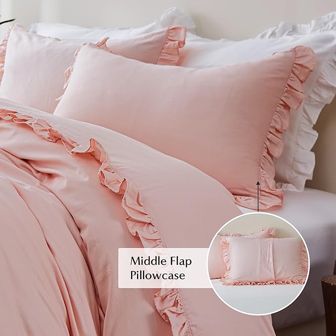 Simple&Opulence Kids 100% Organic Cotton Full Duvet Cover Ruffle 3Pcs(1 Comforter Cover 2 Pillowcases) Cute Lace Vintage Boho Shabby Chic Farmhouse Bedding Set Teen Girls(Peach Pink,Full)