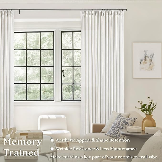 Beige White Pinch Pleated Linen Curtains 132 Inches Long 2 Panels for Living Room Bedroom Memory Training Shaped Semi Sheer Pleat Drapes with Hooks Rings Light Filtering Window Curtain 40x132