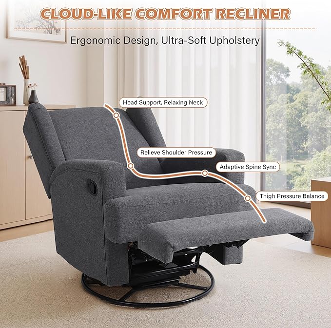UIXE Swivel Glider Recliner Chair for Adults, Fabric High Back Accent Chair Nursery Rocker for Living Room, Upholstered Manual Reclining Sofa Seating with Deep Seat - Charcoal Gray