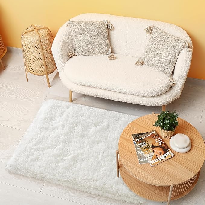 BENRON Cream White Fluffy Rug 2 x 3, Soft and Plush Throw Rugs for Bedroom Entryway Hallway Kitchen, Small Fuzzy Washable Rug for Kids Girls Room Decor Photo Prop