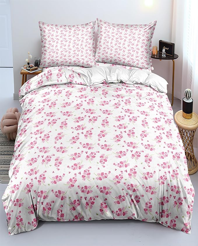 Girl Duvet Cover Queen Pink White Flower Print Bedding Sets Garden Style Floral Aesthetic Cover Chic Floral Bedroom 1 Duvet Cover with 2 Pillowcases