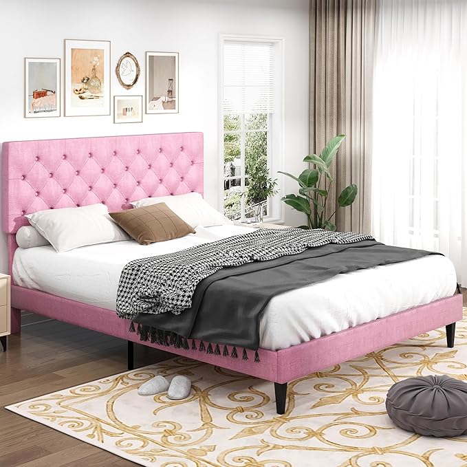 BarnFurin Queen Bed Frame, Upholstered Platform Bed with Button Tufted Headboard, Fabric Queen Size Beds with Wooden Slats Support, No Box Spring Required, Easy Assembly, Pink