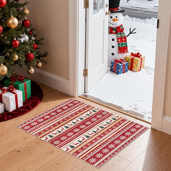Area Rugs for Living Room Washable Living Room Rug Soft Neutral Indoor Floor Carpet Non-Slip Stain Resistant Modern Boho Rugs for Bedroom Dining Room Kids Room Nursery Office Home Red Green