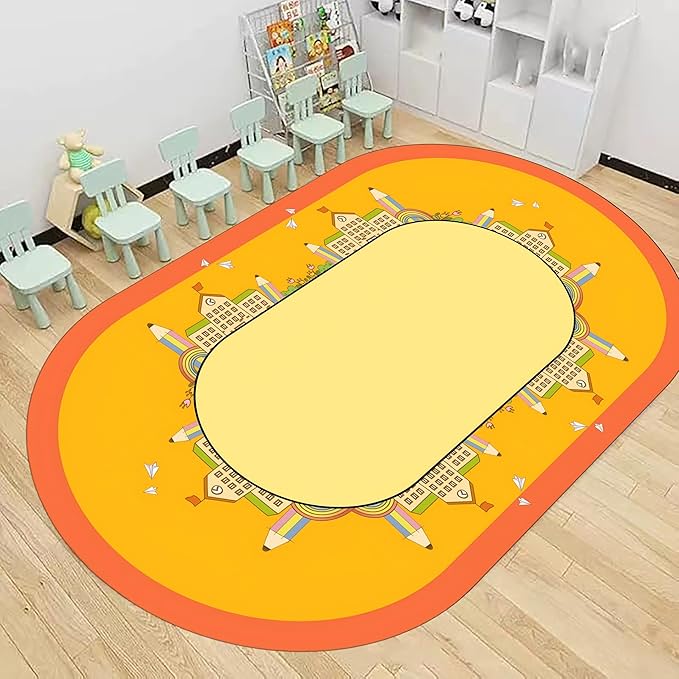 Educational Kids Rug 3x4ft Oval -Yellow Pencil School Theme Play Mat - Non-Slip Washable Learning Rug for Playroom, Bedroom, Nursery, Classroom Decor