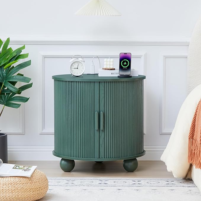 AVZEAR 24" Large Round End Table with Charging Station, Farmhouse Fluted Sofa Side Table with Sliding Tambour Door & Storage, Mid-Century Wood Nightstand for Living Room, Bedroom, Green