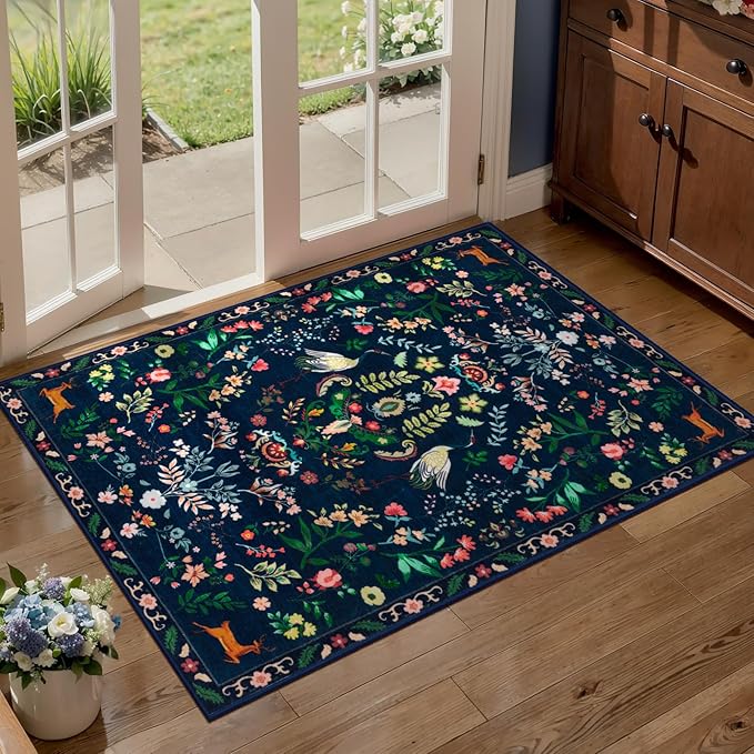 Tangsoo 2x3 Small Area Rug for Entryway, Non Slip Machine Washable Boho Nature Floral Animal Entry Rug, Low Pile Throw Rugs Door Mat Indoor Entrance Floor Carpet for Bedside Kids Room, Kids Room