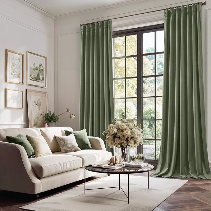 StangH Pinch Pleat Sage Green Velvet Curtains, Elegant Home Decor 90 inch Length Super Soft Light Blocking Thermal Window Drapes for Home Office Nursery, W40 x L90, 2 Panels