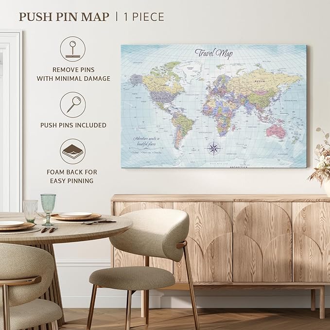 ElephantStock - Push Pin Travel Map World I Wall Art - Horizontal Canvas Wall Art - Living Room Wall Decor - Printmaking Map Canvas Art - Blue And Beige Decor - 30" x 20"