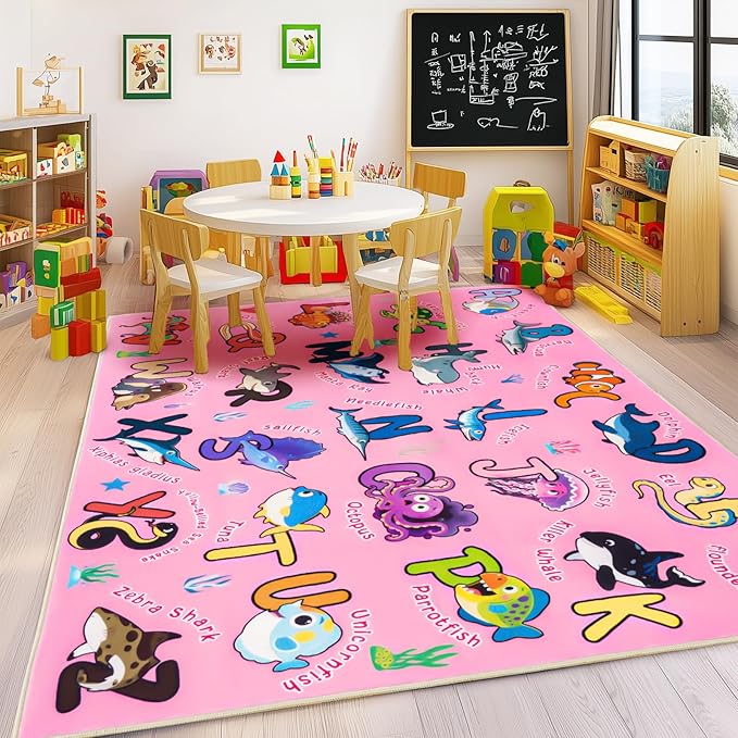 Kids Rug for Playroom, 4x5 Feet Educational Rug for Learn The ABC Alphabet, Soft Machine Washable Non-Slip Cute Marine Organisms Carpet for Classroom Toddler Nursery Kids Room Decor Mat, Pink