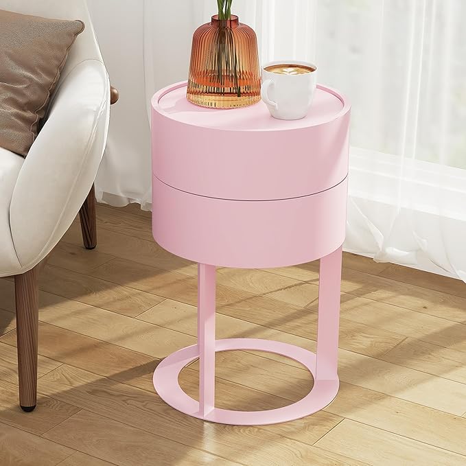 Round Side Table with Hidden Storage Drawers, Modern Nightstand with Swivel Drawer, Minimalist Bedside Table for Bedroom, Living Room, Pink
