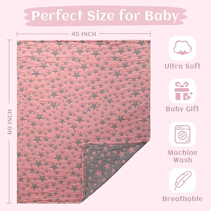 NTBAY 3 Layer Toddler Blanket, Muslin Cotton Jacquard Bed Blankets, Lightweight Thermal Baby Blanket, Super Soft and Warm Crib Blanket for All Seasons, Decoration Gift, 45"x60", Red and Black Star