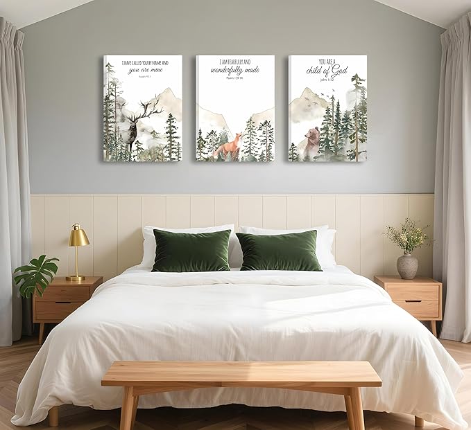 3pcs Framed Forest Animals Bible Verse Wall Art Misty Forest Deer Bear Fox Paintings Canvas Prints Poster Inspirational Quotes Pictures Wall Decor for Home Bedroom Nursery Baby Room Playroom Decor