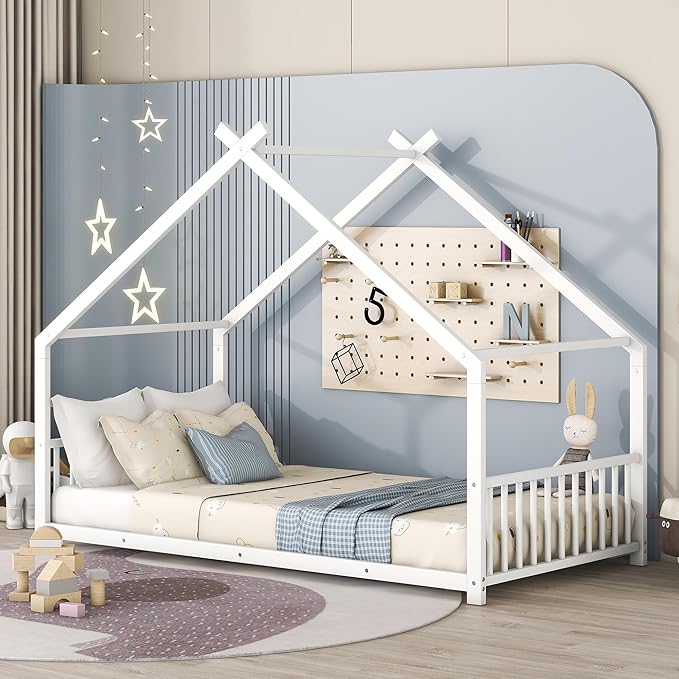Twin Size House Shaped Montessori Platform Beds, Wood Floor Bed Frame with Roof and Fence Deisgn, Kids Double Toddler Bed for Children Boys Girls, Easy Assemble, No Box Spring Needed, White