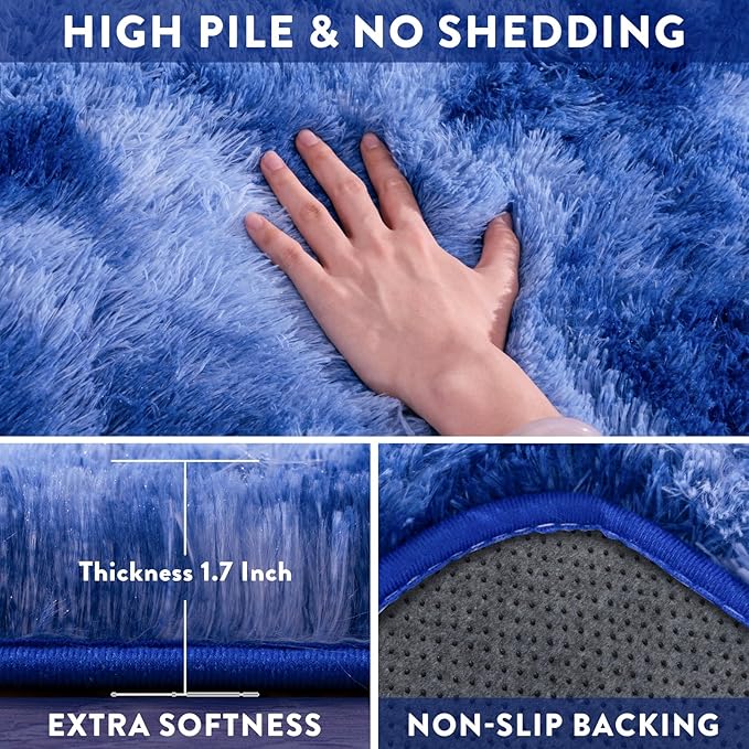 Living Room Rug 9x12, Soft Extra Large Tie Dye Blue Fluffy Shag Rug for Boys Bedroom, Non-Slip Modern Indoor Fuzzy Big Plush Rugs for Kids Room, Dorm, Home Decor