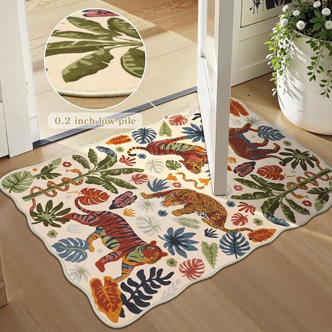 LEEVAN 3x5 Bedroom Rug Washable Tiger Kitchen Rugs Non Slip Beige Entryway Mat Scalloped Office Floor Pad Leopard Living Room Rug Low Pile Playroom Carpet Jungle Kids Mat