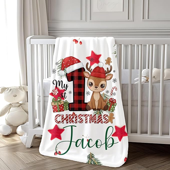 Personalized Baby's First Christmas Blanket, Custom Velveteen Boy Baby Name Christmas Blanket, Soft Fleece Or Sherpa Throw, Baby Shower, Made in USA