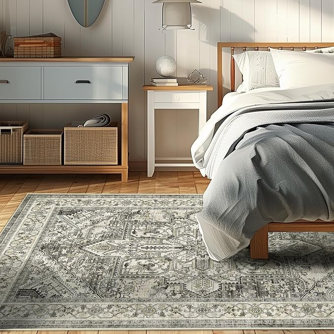 WITSHOCK Living Room Area Rugs 4x6: Washable Rug Boho Soft Non-Slip Low Pile Stain Resistant Foldable Carpet for Bedroom Playroom Dining Room Office Kitchen Farmhouse Home Decor Rug-Brown/Lvory