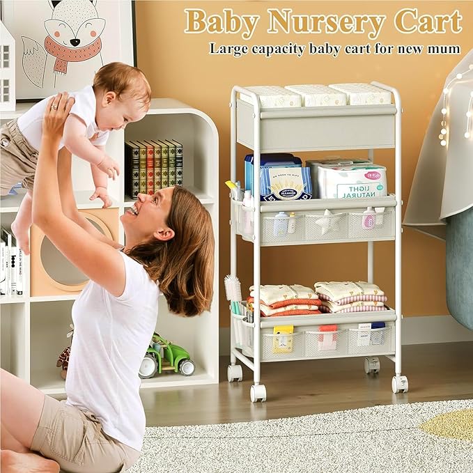 3-Tier Baby Diaper Caddy Cart Organizer,Mobile Nursery Storage Cart with Wheels,With 2 Dividers&14 Mesh Pockets Durable Metal Utility Cart for Nursery, Bedroom, Bathroom, Baby Essentials Organization