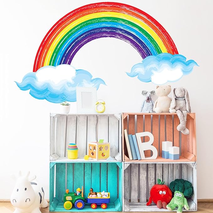 Watercolor Rainbow Wall Decals Lovely Rainbow Wall Stickers for Kids Room, Large Cloudy Rainbow Room Decor Waterproof Peel and Stick Wall Art Murals for Nursery Classroom