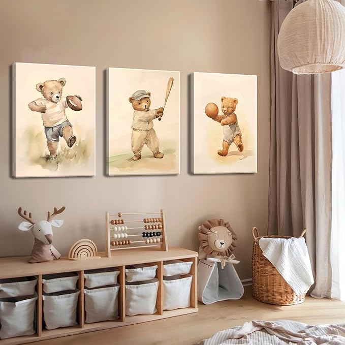 Bear Rugby Sports Nursery Canvas Wall Art Set of 3 - Cute Vintage Baby Bear Pictures Paintings Poster Prints, Nursery Animal Wall Decor for Children Bedroom Boy Room Decoration 12x16 inch Framed