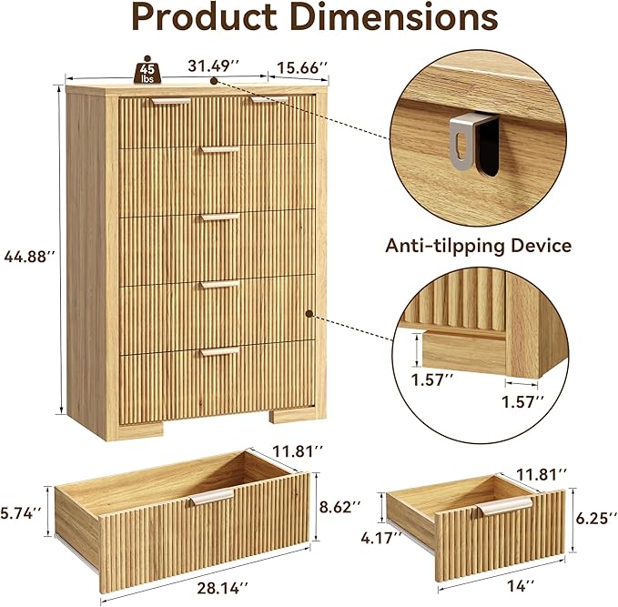 Fluted Dresser for Bedroom, 45" Tall Modern Chest of Drawers with 6 Drawers, Wood Closet Clothes Storage Organizer for Living Room, Wooden Dresser for Hallway, Natural Oak