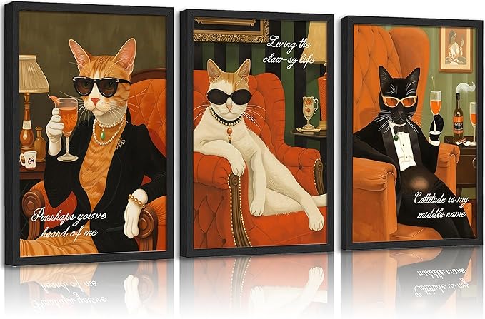 3Pcs Funny Cat Canvas Wall Art Elegant White Black Orange Cat Drinking Cocktail Painting Picture Wall Decor Luxury Feline Poster Print Bar Cart Artwork Decor for Bar Dining Room Bedroom Home Decortion