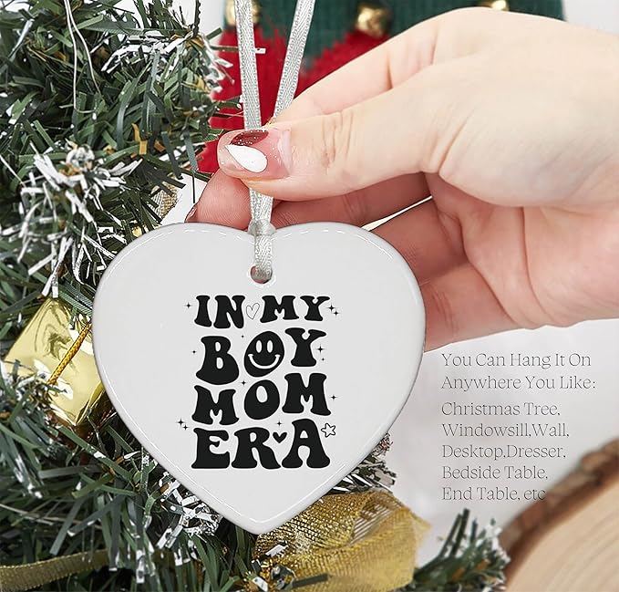 Heart Shaped Christmas Ornament-Boy Mom Club Gift-New Mom Keepsake for Baby Shower-Newborn Baby Announcement Present for Mother to Be-Ceramic Ornament Home Decor in My Boy Mother Era