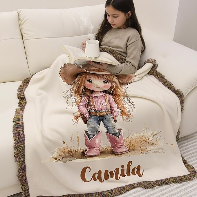 Western Cowboy Cowgirl Baby Name Blanket - Personalized Baby Blankets Nursery Decor - Custom Name Kids Throw Blanket for Girls Boys - Customized Western Cartoon Style Toddler Girl Birthday Gifts