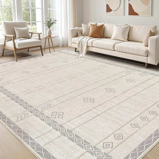 Area Rugs for Living Room Washable Living Room Rug Soft Neutral Indoor Floor Carpet Non-Slip Stain Resistant Modern Boho Rugs for Bedroom Dining Room Kids Room Nursery Office Home Beige Grey