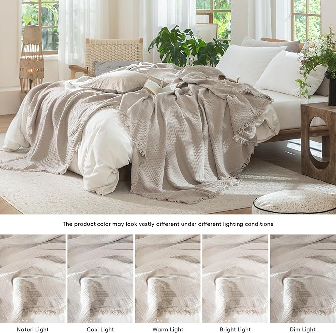 MooMee Muslin Blanket - 100% Cotton 4-Layer Gauze Throw Blanket with All-Around Fringe, Ultra-Soft Breathable Lightweight Cooling Decorative for Bed, Sofa & Couch (Cream Grey,Throw 60" x 50")