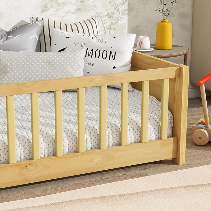 Twin Size Kids Montessori Floor Bed,Twin Floor Bed Frame with Slats and Bookcase,Solid Wood Montessori Bed for Girls Boys,Natural