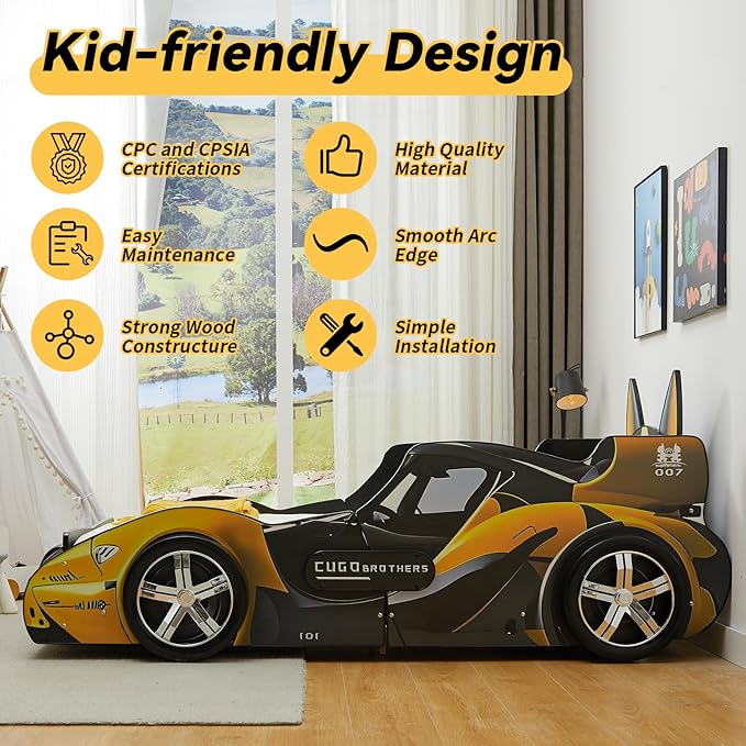 LKTART Twin Size Car Bed for Kids, Cartoon Dog Race Car-Shaped Wooden Platform Bed Frame with Headboard Wheels, LED Lights and Support Slats for Boys Toddlers Child