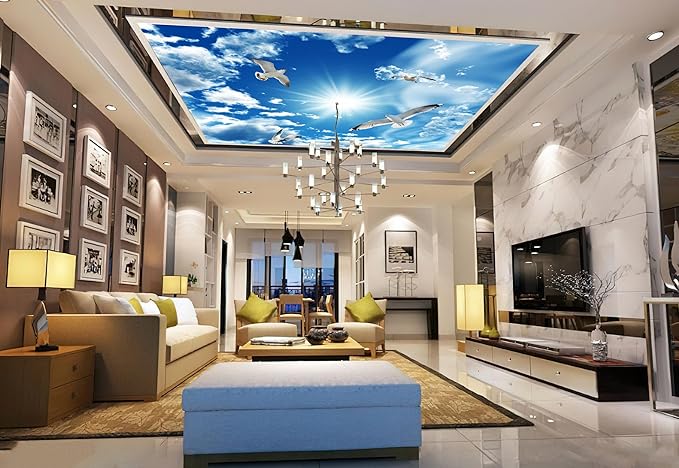 Blue Sky, White Clouds, Sunshine Seagull Ceiling Wall Mural Wallpaper 103" x 69"