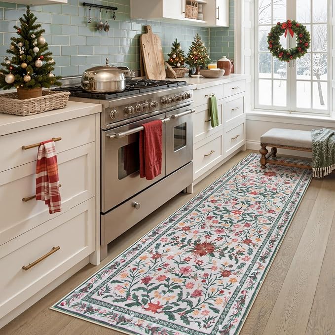 Wonnitar Christmas Runner Rug for Hallway, Christmas Kitchen Decor 2'6"x8' Washable Runner Rug, Non Slip Ultra-Thin Extra Long Holiday Carpet Runners for Bathroom Entryway Winter Decor