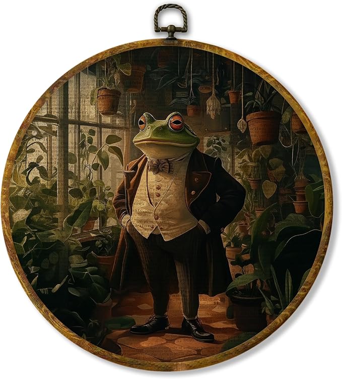 Hiuwevt Vintage Gothic Moody Frog Round Wall Art Decor, Retro Dark Academia Framed Canvas Prints, Sage Green Botanical Frog Round Wall Hanging Decor for Bedroom Home Decorations, 10x10 Inches