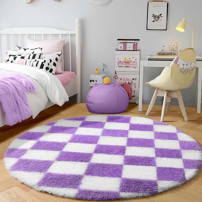 KICMOR Purple Round Rug 4ft for Girls Bedroom, Fluffy Soft Circle Area Rug Cute Small Living Room Carpet, Indoor Fuzzy Shag Shaggy Checkered Circular Rugs for Kids Room Nursery Home Decor Aesthetic