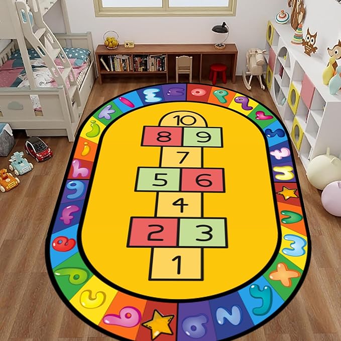 Hopscotch Kids Play Rug 3x5ft - Non-Slip Educational Alphabet & Numbers Learning Mat for Classroom, Nursery, Boys Girls Room - Washable Oval Game Carpet
