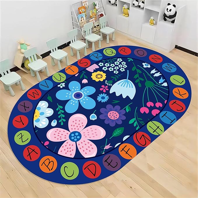 Kids Educational Oval Rug, 5x6ft, ABC Alphabet Learning Play Mat, Cute Colorful Flowers Plants Designs Rugs, Non-Slip Washable Carpet for Bedside Boys Girls Teens Room Nursery Decor Floor Mat
