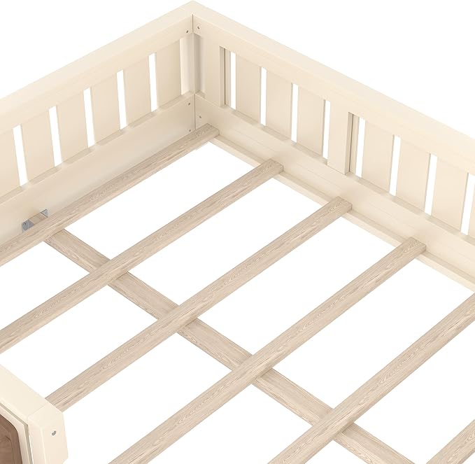 Bellemave Full Size Floor Bed with high Rails and with Built-in Bookshelf for Kids, Girls, Boys, Wood Montessori Floor Bed Without Door, Beige