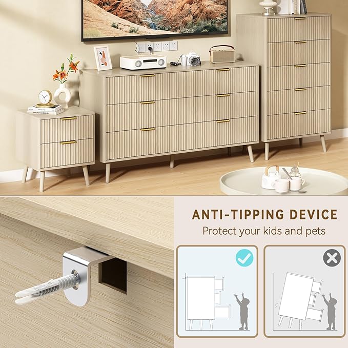 CARPETNAL Fluted 6 Drawer Dresser for Bedroom, 55" Wide Wooden Chest of Drawers with Rounded Corners, Gold Handles, Modern Storage Organizer for Bedroom, Hallway(Beige)