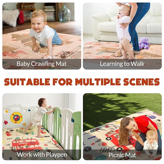 Mergren Baby Play Mat, Large(71"×47") XPE Waterproof Foam Foldable Baby Crawling Mat with Reversible Animal Friends Double-Sided Patterns, Anti-Slip Floor Playing Mats