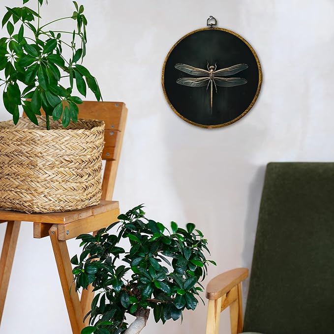 Hiuwevt Dark Dragonfly Round Wall Art Decor, Vintage Dark Academic Dragonfly Framed Canvas Prints, Gothic Dragonflies Round Wall Hanging Decor for Home Room Decorations, 10x10 Inches